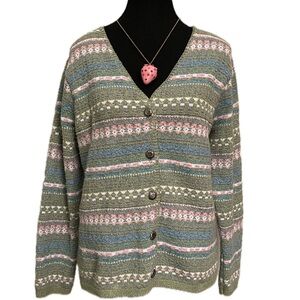 Vintage Alps Fair Isle Geometric Print Pastel Easter Spring Cardigan Sweater USA